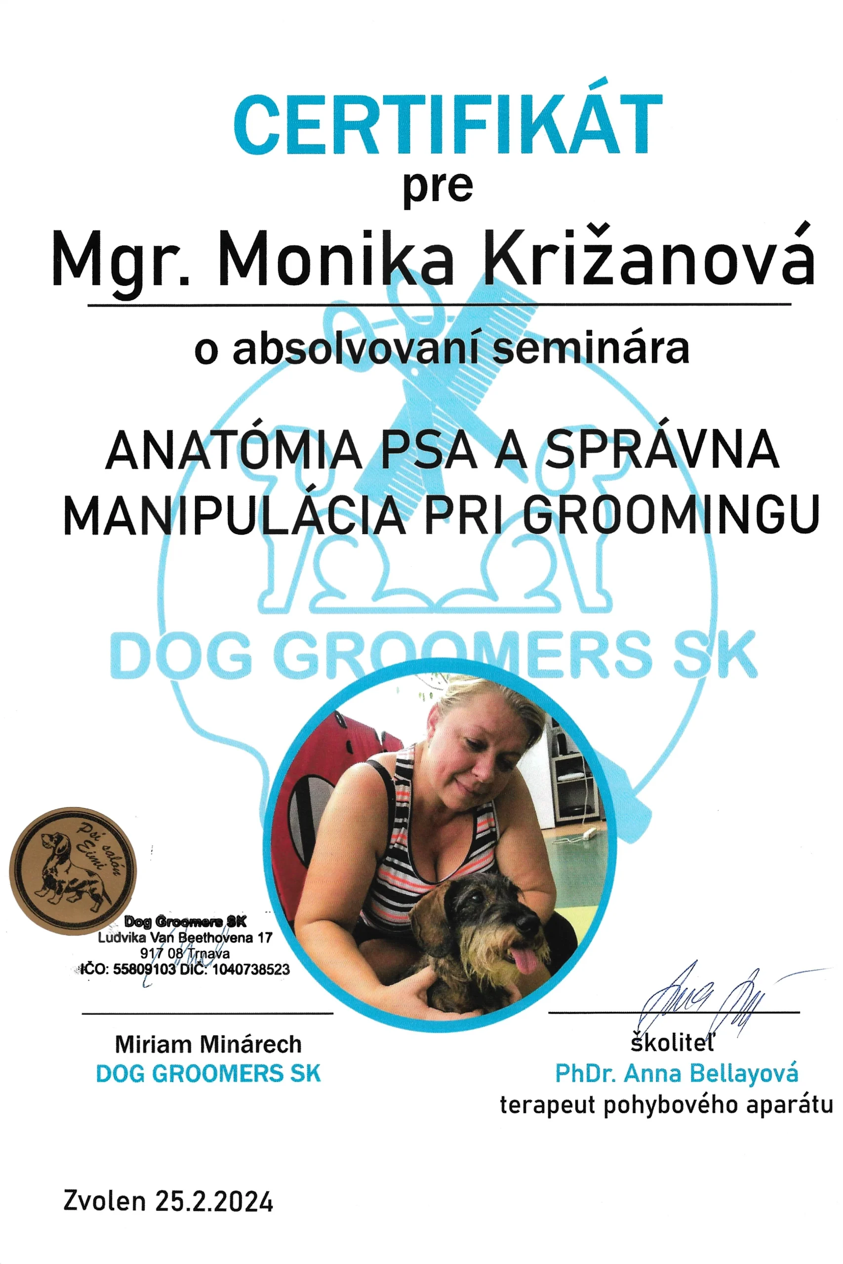 Certifikát Anatómia psa a správna manipulácia pri groomingu