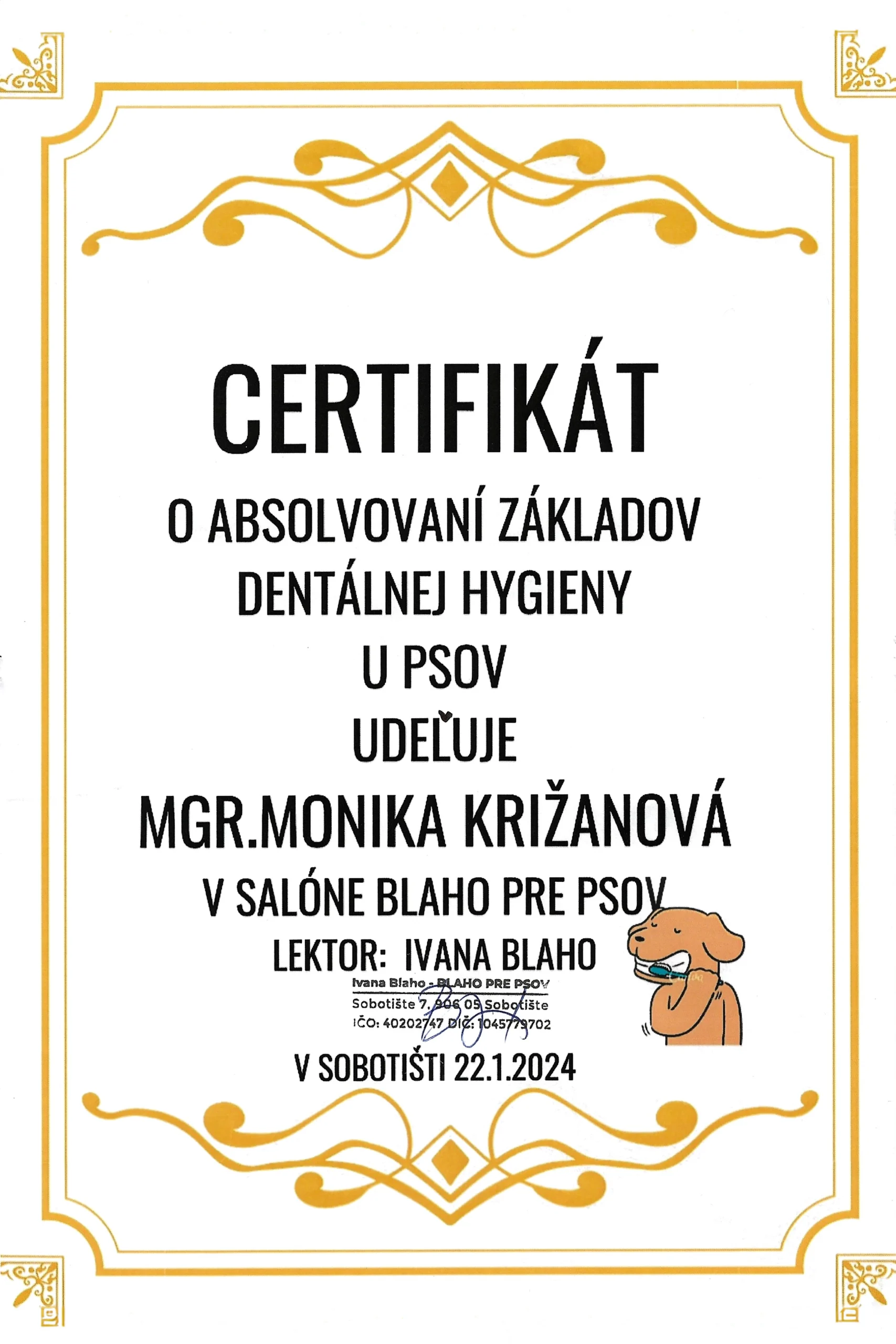 Certifikát zo základov dentálnej hygieny u psov