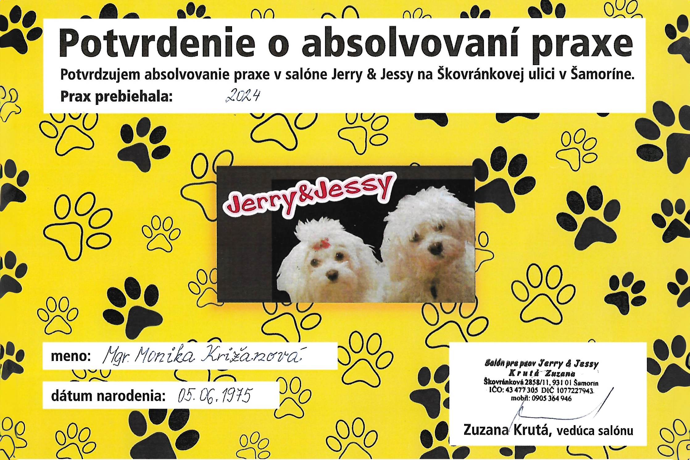 Potvrdenie o absolvovaní odbornej praxe v salóne Jerry a Jessy