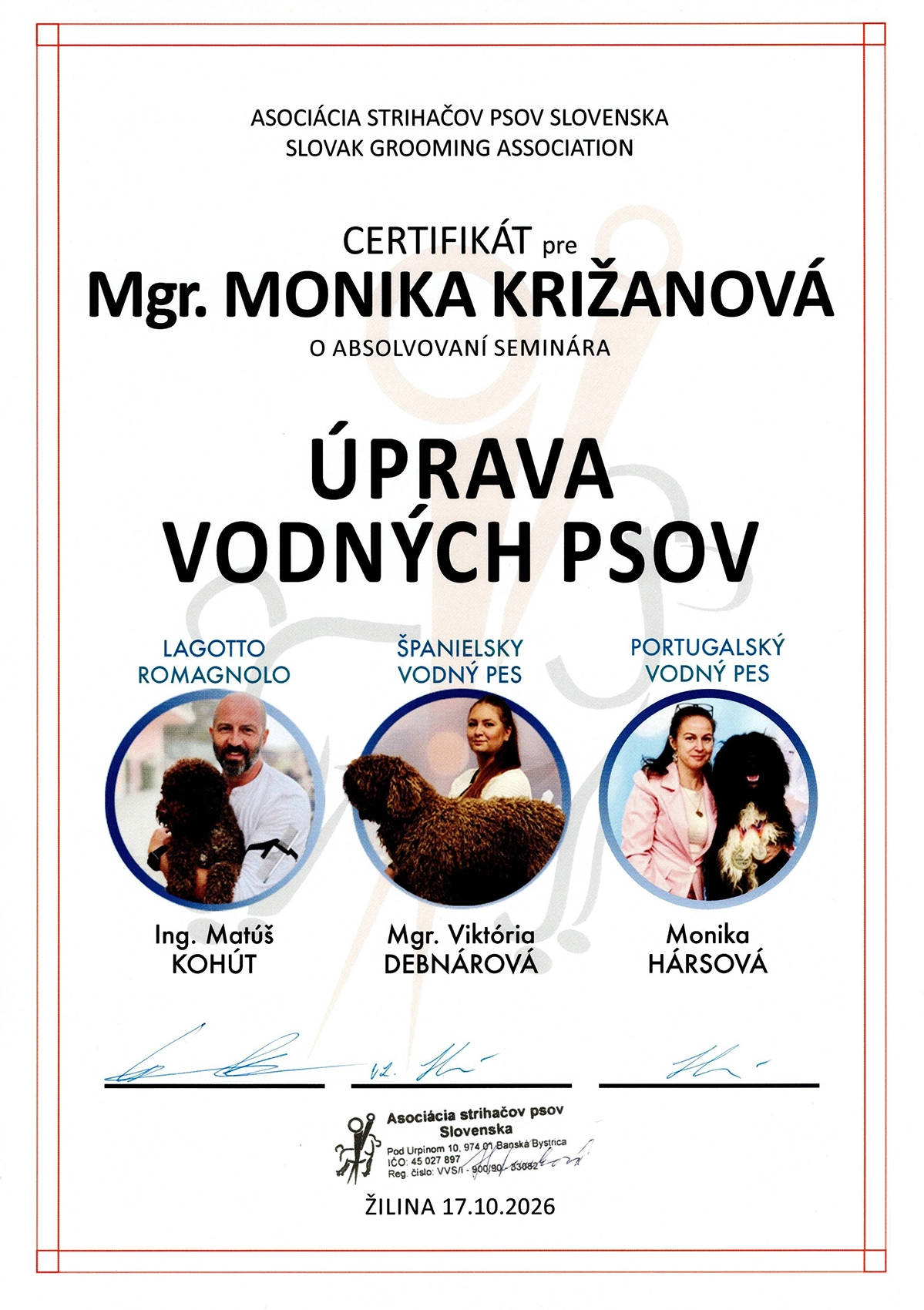 Certifikát zo seminára Úprava vodných psov